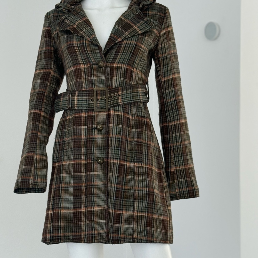 B B Dakota Plaid Pea Coat Size Small lined Green - Picture 3 of 17